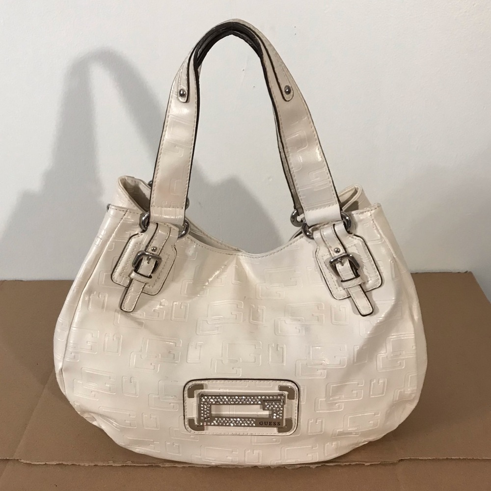 Guess White Debossed Leather Large Tote Purse